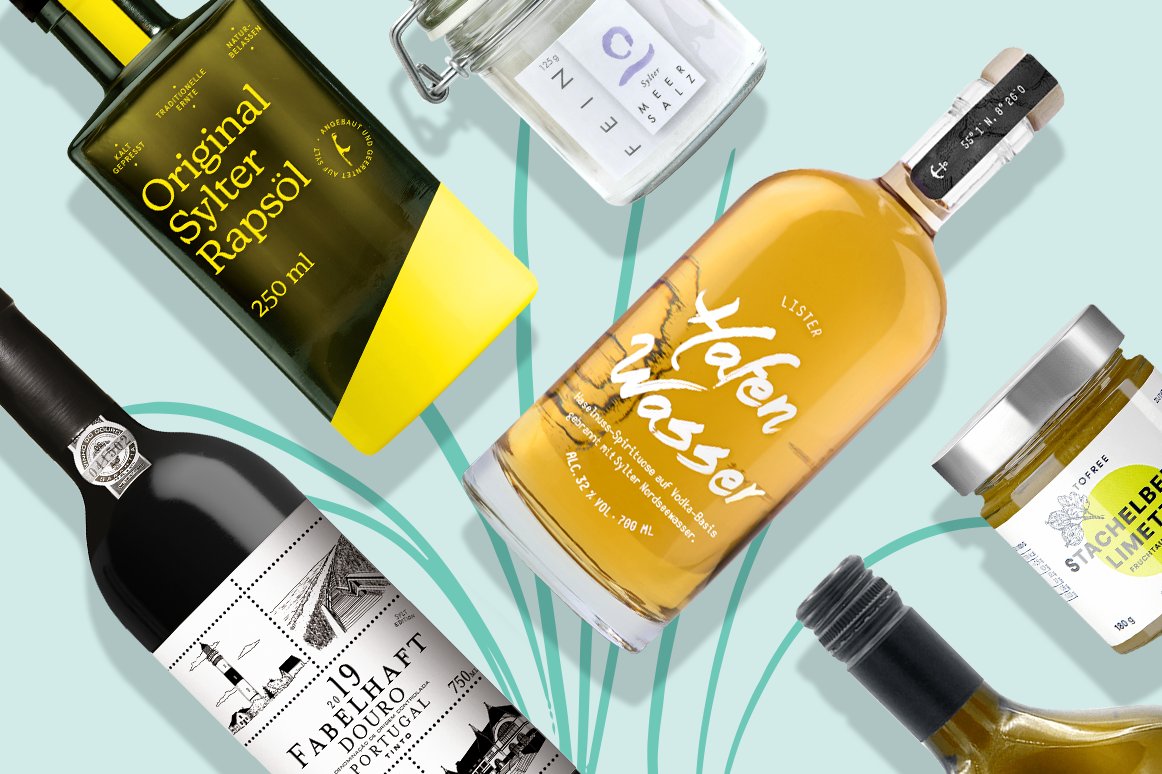 Produkte von Neptuns Freunde: Sylter Rapsöl, Lister Hafenwasser, Fruchtauftriche von Tofree, Sylter Meersalt, Wein 